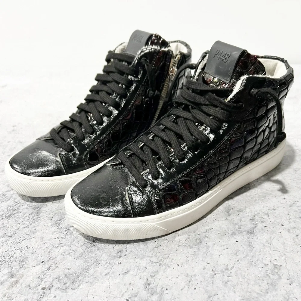P448 Women's Fantasy Glitter Croc Embossed High Top Sneakers Black 37 US 7